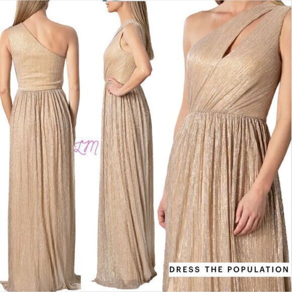 Dress The Population Kienna‎ Metallic Pale Gold Lame One Shoulder Gown Small